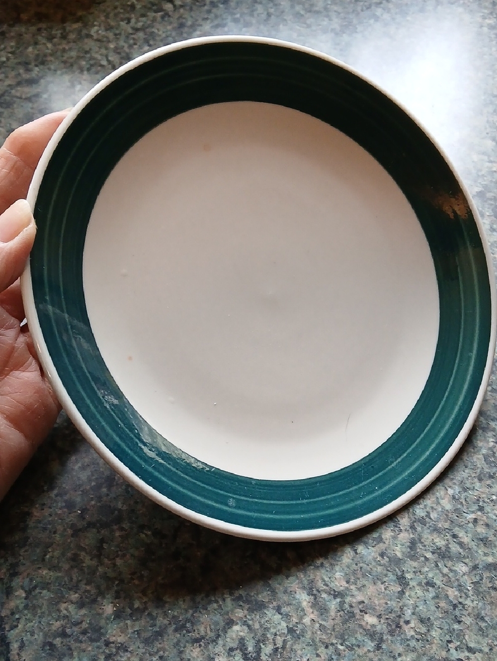 Gibson Stonewear White Desert Plate with Teal Rim